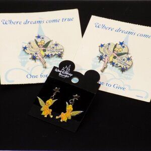 New Disney Tinkerbell 2 Pins Set Where Dreams Come True & 2-Sided Drop Earrings